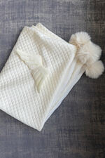 Jamiks cream faux fur pom pom blanket with angel wing