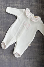 Baby Gi ivory and pink bow velour babygrow