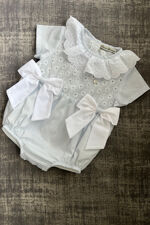 Piccola Speranza blue striped bow romper