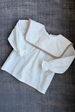 Be chic ivory blouse with beige velvet trim
