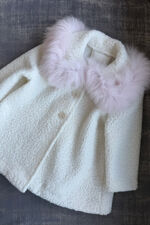 Be chic cream boucle coat with pink faux fur collar