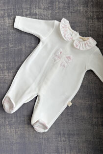 Baby Gi ivory and pink bow velour babygrow