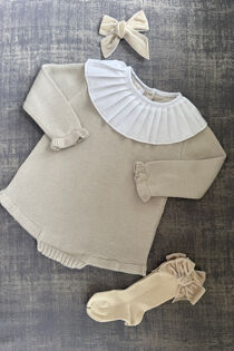 Aurea beige knit pleated collar romper