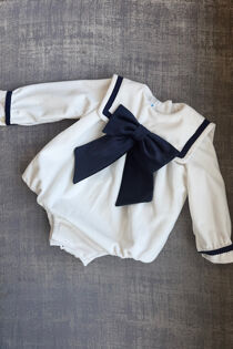 Be chic ivory velvet romper with navy bow