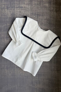 Be chic ivory blouse with black velvet trim
