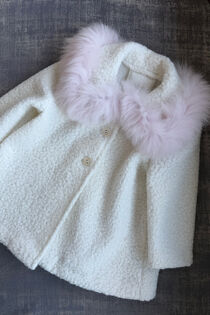 Be chic cream boucle coat with pink faux fur collar
