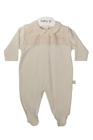 Baby Gi beige linen trimmed organic cotton babygrow