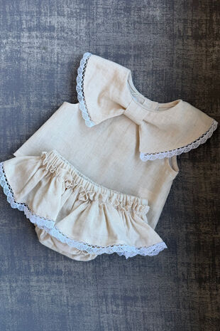 Be chic beige linen bow collar set