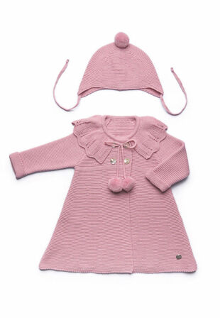 Juliana dusky pink knitted pom pom coat and bonnet