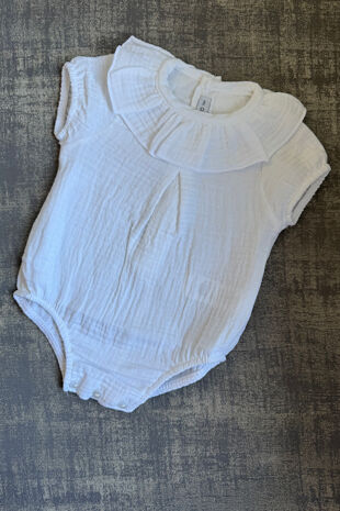 Calamaro white short sleeve frill collar cheesecloth romper