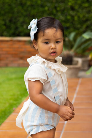 Calamaro blue and beige striped romper and blouse set