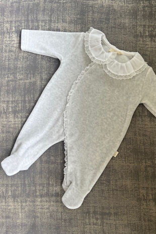 Baby Gi grey velour lace trim babygrow