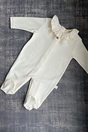 Baby Gi beige frill collar cotton babygrow