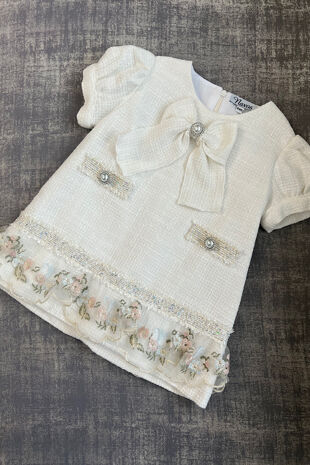 Naxos cream bow dress with floral embroidery