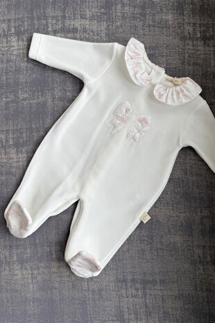 Baby Gi ivory and pink bow velour babygrow