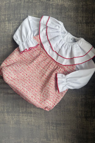 Naxos red tweed romper and blouse set