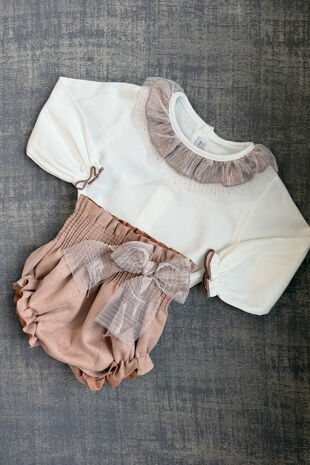 Calamaro tulle trim blouse and jam pants set