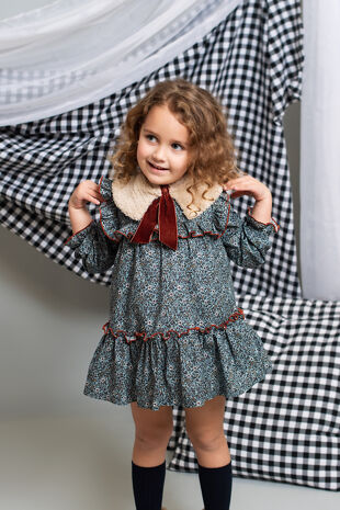 Foque blue floral dress with boucle collar