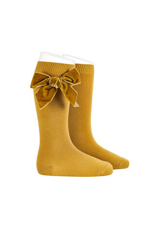 Condor mustard velvet bow knee-high socks