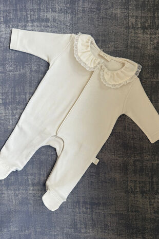 Baby Gi beige lace trim babygrow