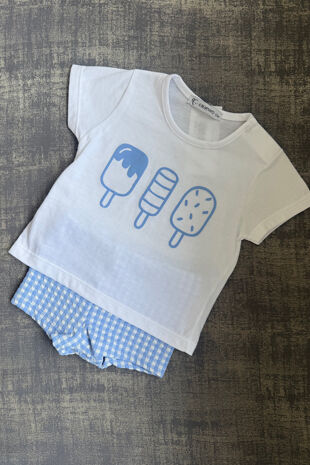 Calamaro blue gingham swim short and t shirt set