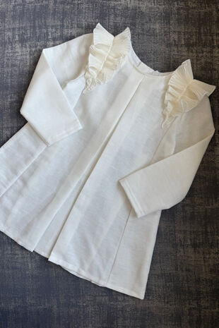 Jamiks cream linen ruffle shoulder dress