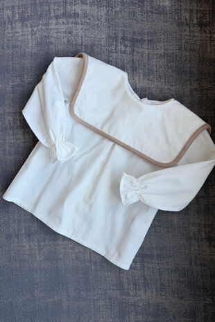 Be chic ivory blouse with beige velvet trim
