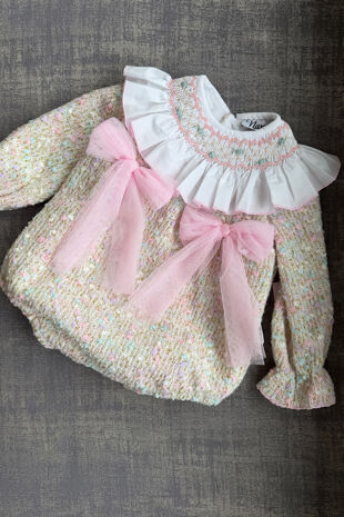 Naxos pink tulle bow tweed romper