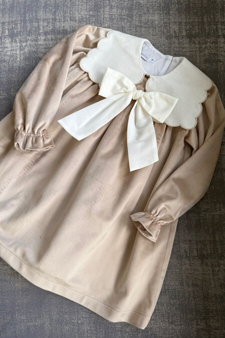 Be chic beige velvet bow dress