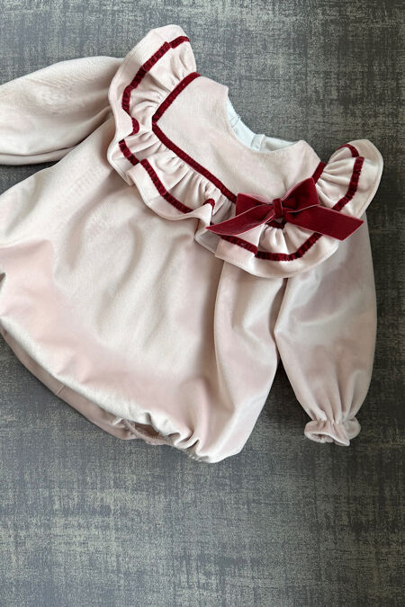 Be chic pink and burgundy velvet bow romper