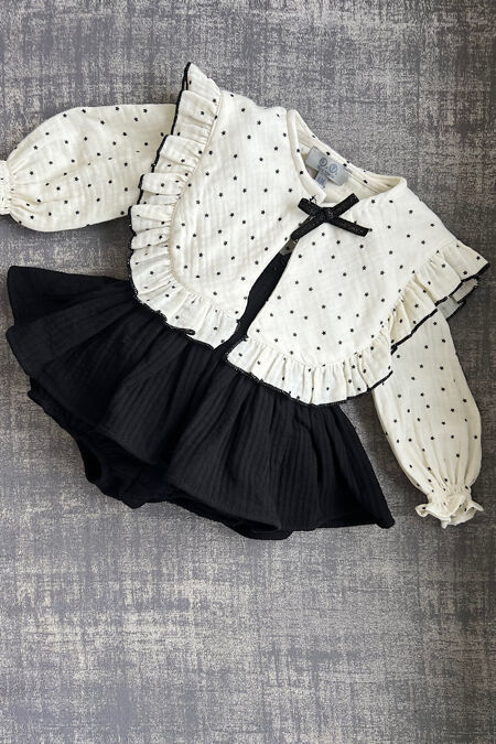 Jose Varon black romper and cream star print blouse set