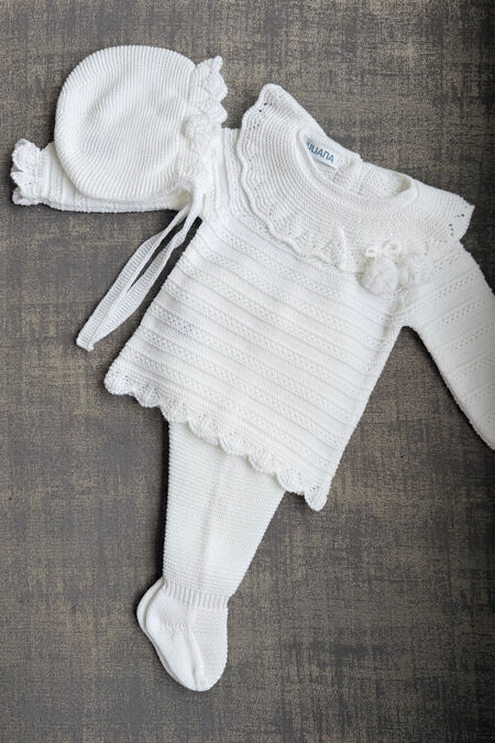 Juliana white pom pom knitted set