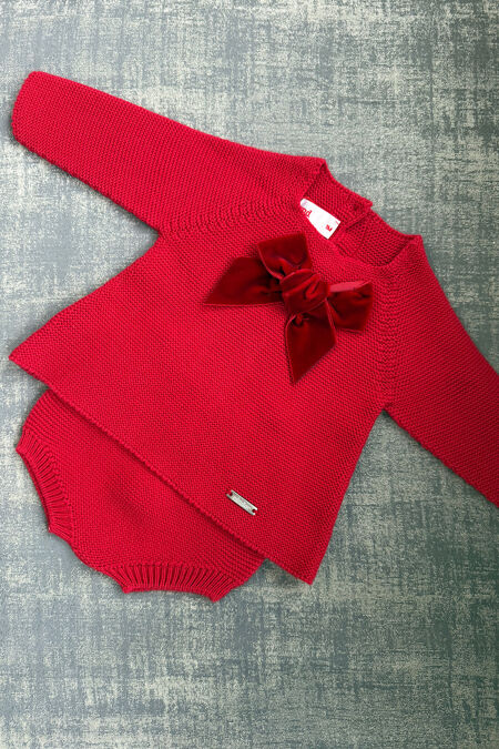 Condor red velvet bow knitted set