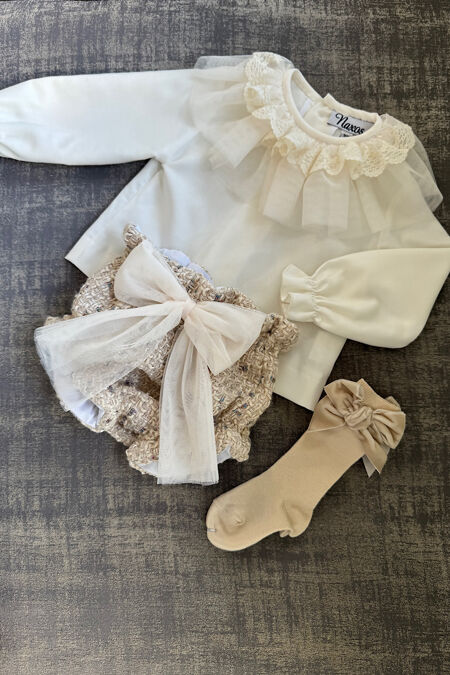 Naxos beige tweed bloomer and blouse set