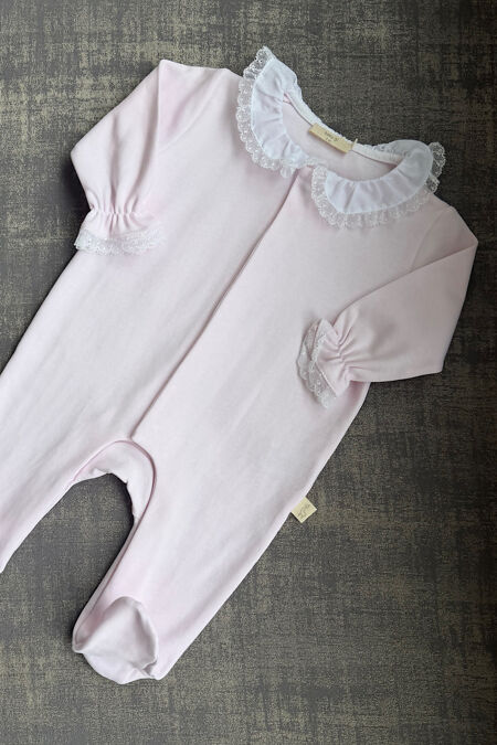 Baby Gi pink cotton lace trim collar babygrow