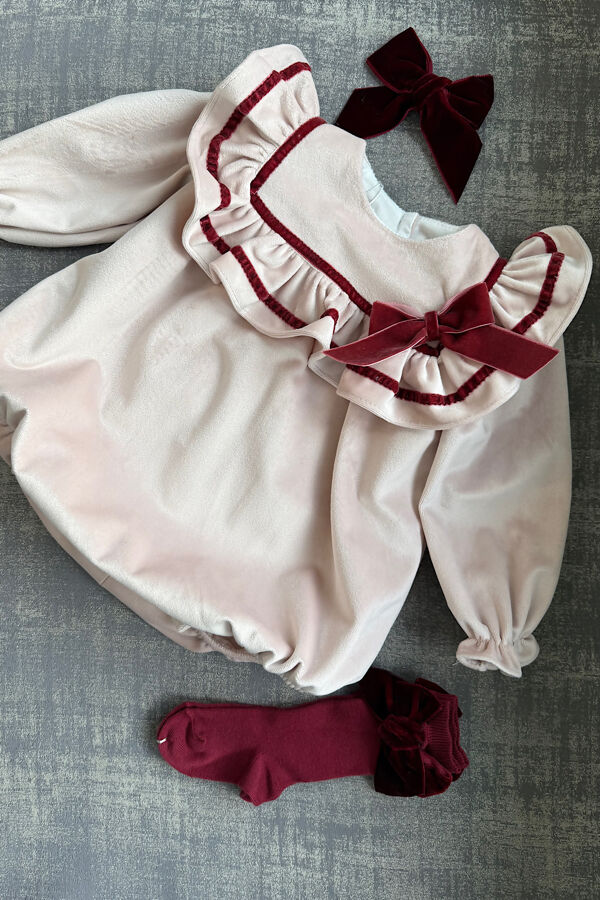 Be chic pink and burgundy velvet bow romper