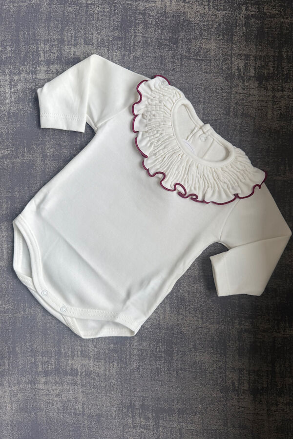 Calamaro London cream and burgundy frill collar vest 