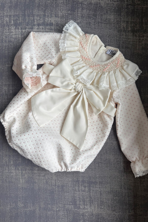 Naxos pink polka dot smocked collar romper