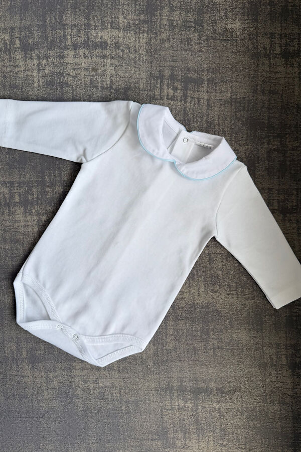 White peter pan collar long sleeved vest with blue trim