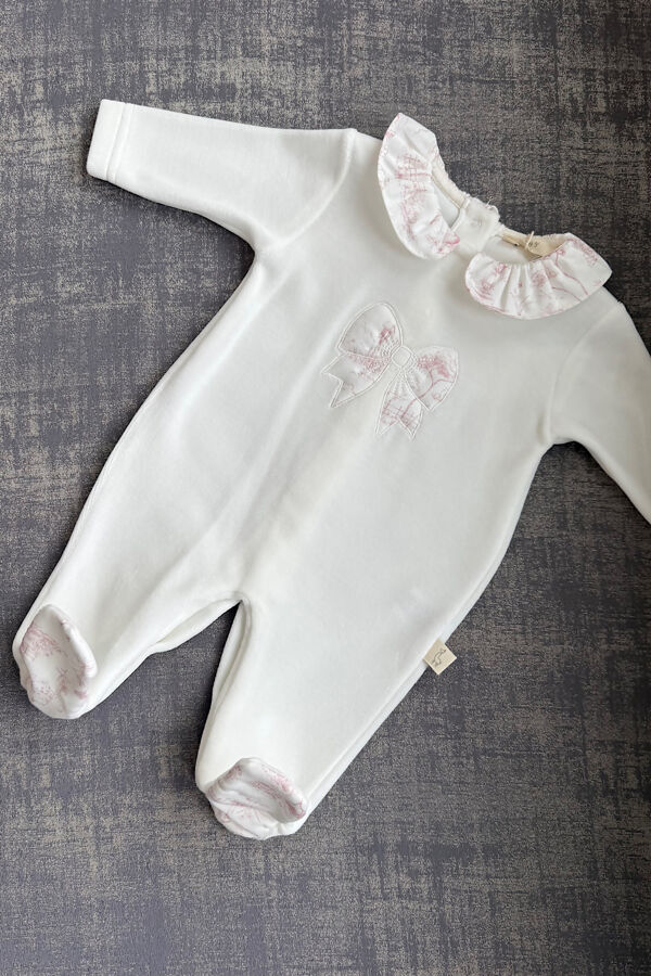 Baby Gi ivory and pink bow velour babygrow