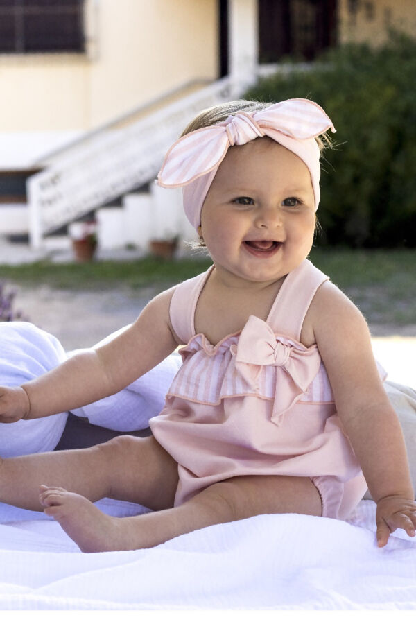 Calamaro pink stripe bow romper 