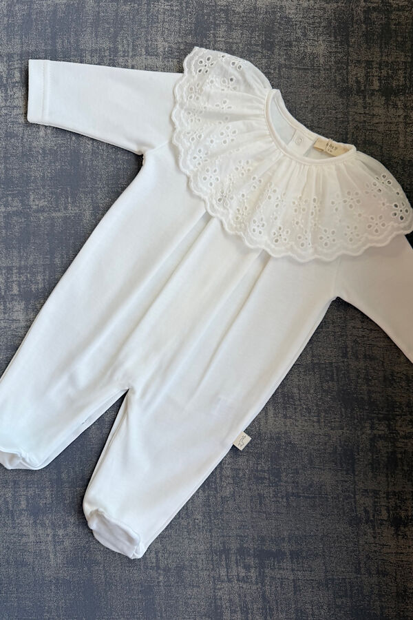 Baby Gi ivory cotton pink broderie anglaise collar babygrow