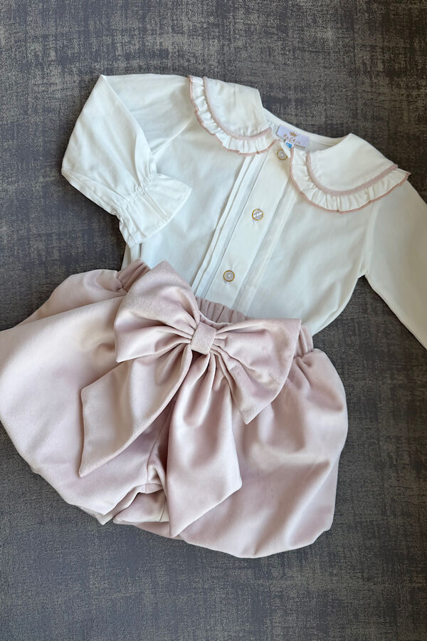 Be chic pink velvet puffy shorts and blouse set