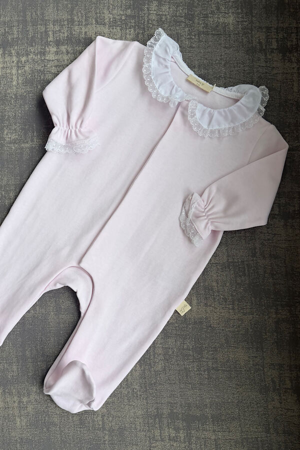 Baby Gi pink cotton lace trim collar babygrow