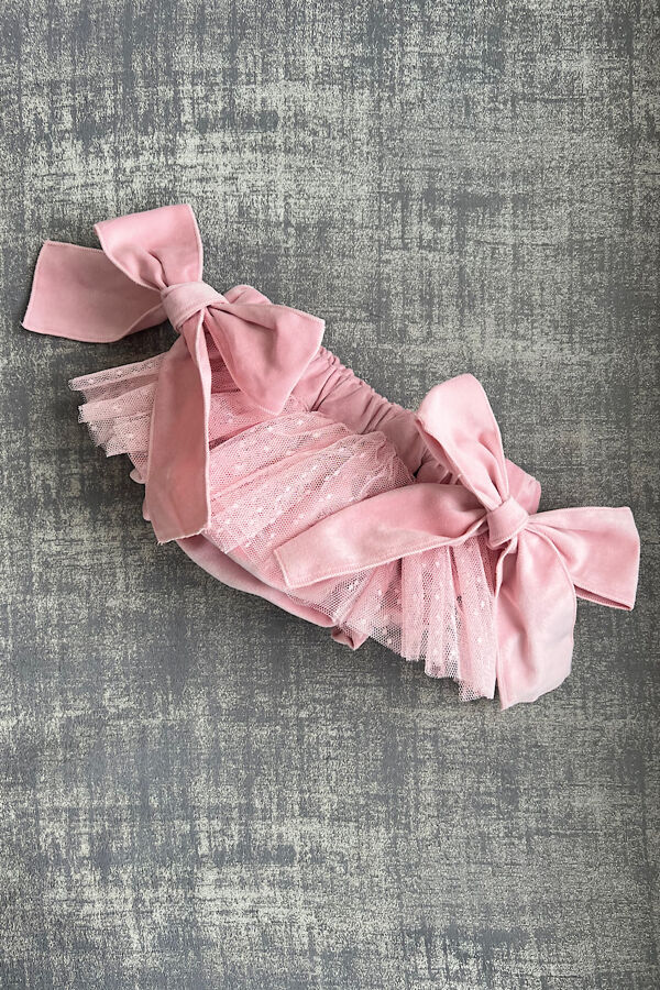 Phi pink velvet tulle trim bow jam pants
