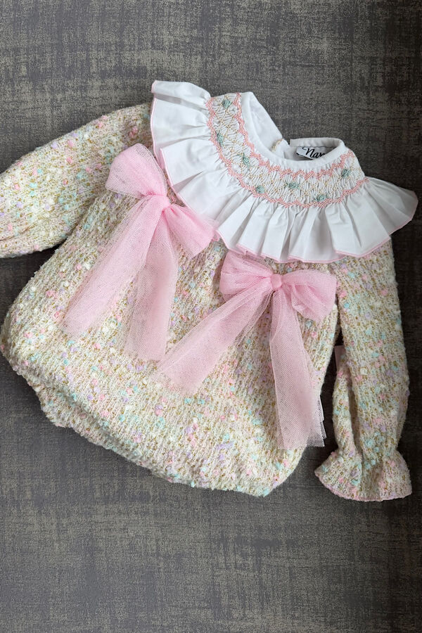 Naxos pink tulle bow tweed romper