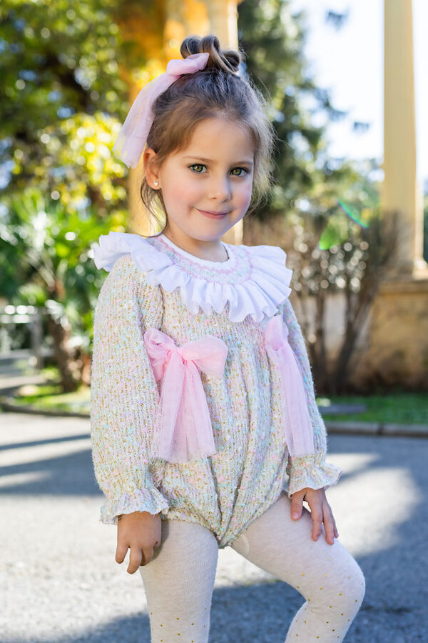 Naxos pink tulle bow tweed romper