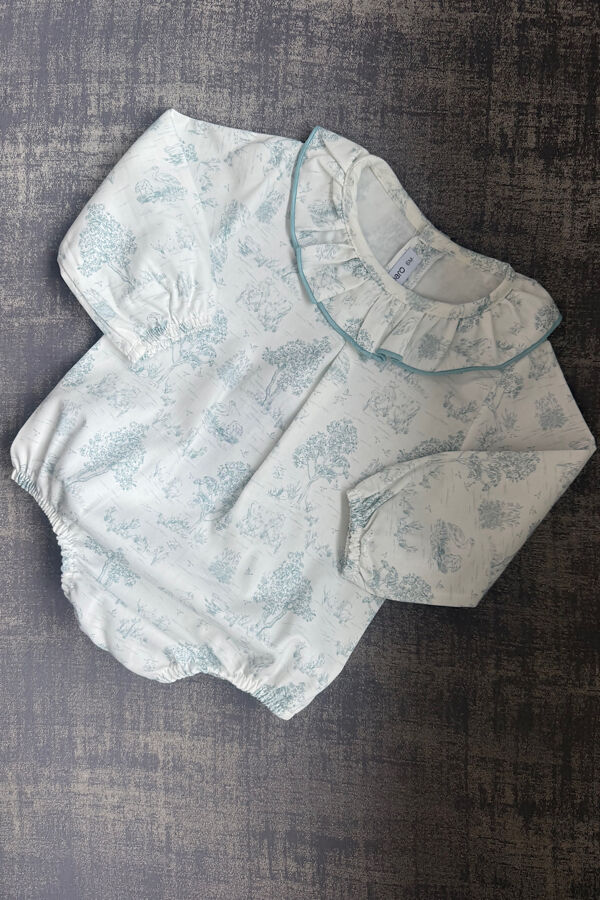 Calamaro blue toile frill collar romper