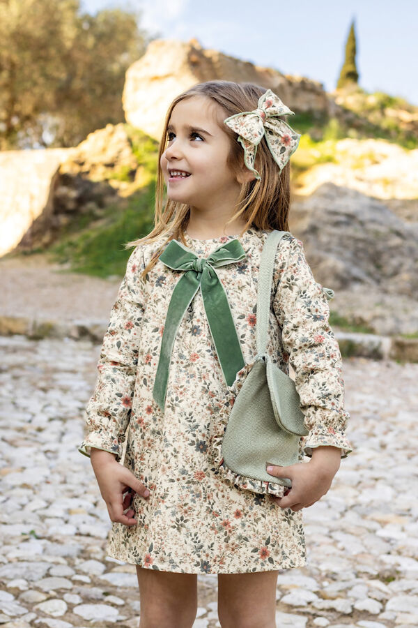 Calamaro floral dress with green velvet bow