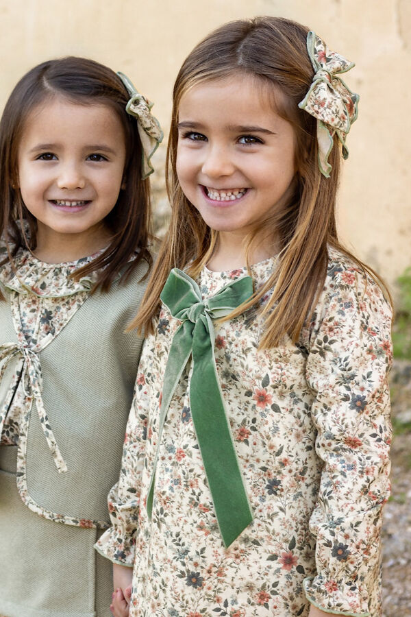 Calamaro floral dress with green velvet bow